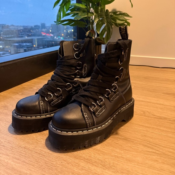 Dr. Martens Black Combat Boots with White Stitching - Picture 3 of 3